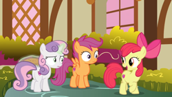 Size: 1600x900 | Tagged: safe, imported from derpibooru, screencap, apple bloom, scootaloo, sweetie belle, the big mac question, bush, cutie mark crusaders, disbelief, food, levitation, magic, pie, telekinesis, window