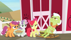 Size: 1600x900 | Tagged: safe, imported from derpibooru, screencap, apple bloom, granny smith, scootaloo, sweetie belle, the big mac question, barn, bored, cutie mark crusaders, food, levitation, magic, pie, reference in the description, rocking chair, telekinesis, unamused