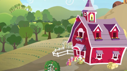 Size: 1600x900 | Tagged: safe, imported from derpibooru, screencap, apple bloom, granny smith, scootaloo, sweetie belle, pony, the big mac question, barn, cutie mark crusaders, farm, fence, hay bale, hill, orchard, rocking chair