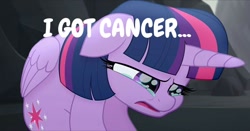 Size: 670x350 | Tagged: safe, edit, edited screencap, imported from derpibooru, screencap, twilight sparkle, alicorn, pony, my little pony: the movie, background pony strikes again, cancer (disease), crying, female, op is a duck, op is trying to start shit, sad, solo, twilight sparkle (alicorn), why