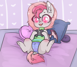 Size: 1228x1080 | Tagged: safe, artist:adelfrey, imported from derpibooru, oc, oc only, oc:candy quartz, bat pony, pony, :p, bat pony oc, blanket, clothes, controller, cute, dock, ear piercing, fangs, female, gaming, panties, piercing, pillow, shaved mane, silly, solo, spread legs, spreading, sweater, tongue out, turtleneck, two toned mane, two toned wings, underhoof, underwear, video game, wing piercing, wings