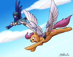 Size: 1920x1505 | Tagged: safe, artist:shieltar, imported from derpibooru, scootaloo, oc, pegasus, pony, amputee, artificial wings, augmented, eyepatch, flying, male, mechanical wing, older, prosthetic limb, prosthetic wing, prosthetics, scootaloo can fly, song in the comments, stallion, wings