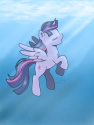 Size: 900x1200 | Tagged: dead source, safe, artist:starriglo, imported from derpibooru, twilight sparkle, alicorn, pony, crepuscular rays, cutie mark, eyes closed, female, inktober, inktober 2019, mare, open mouth, solo, twilight sparkle (alicorn), underwater