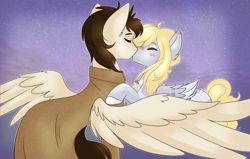 Size: 3500x2227 | Tagged: safe, artist:vert_glamis, imported from derpibooru, derpy hooves, doctor whooves, time turner, pegasus, pony, abstract background, alternate universe, blushing, clothes, commission, doctorderpy, female, jewelry, kissing, male, mare, necklace, race swap, scar, shipping, stallion, straight