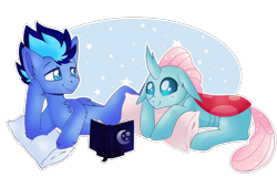 Size: 2200x1500 | Tagged: safe, artist:vert_glamis, imported from derpibooru, ocellus, oc, oc:jet stream, changedling, changeling, pony, blushing, book, canon x oc, commission, cute, diaocelles, female, floppy ears, looking at each other, male, pillow, prone, simple background, smiling, stallion, straight, transparent background