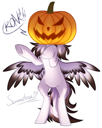 Size: 780x968 | Tagged: safe, artist:sonnatora, imported from derpibooru, oc, oc only, oc:swift ghost, pegasus, pony, pumpkin, rearing, roar, simple background, solo, white background