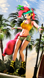 Size: 2160x3840 | Tagged: safe, artist:whiteskyline, imported from derpibooru, pinkie pie, anthro, earth pony, 3d, armpits, belly button, clothes, female, looking at you, midriff, palm tree, rock, roller skates, sky, solo, source filmmaker, sports bra, sports shorts, tree