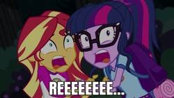 Size: 1280x720 | Tagged: safe, artist:aryatheeditor, edit, edited screencap, imported from derpibooru, screencap, sci-twi, sunset shimmer, twilight sparkle, equestria girls, legend of everfree, bag, dark, female, glasses, lesbian, meme, reeee, scitwishimmer, screaming, shipping, sunsetsparkle