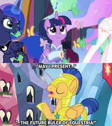 Size: 977x1099 | Tagged: safe, edit, edited screencap, imported from derpibooru, screencap, flash sentry, princess celestia, princess luna, twilight sparkle, alicorn, bird, butterfly, spider, star spider, the last problem, armor, caption, clothes, coronation dress, dress, image macro, royal guard armor, second coronation dress, text, the future ruler of equestria, twilight sparkle (alicorn)