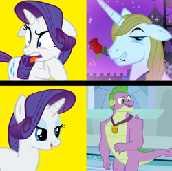 Size: 1448x1440 | Tagged: safe, edit, edited screencap, editor:jdmiles, imported from derpibooru, screencap, prince blueblood, rarity, spike, dragon, pony, unicorn, the best night ever, the last problem, adult, canterlot castle, disgusted, female, flower, flower in mouth, gigachad spike, grown, hotline bling, male, mare, meme, older, older spike, rariblood, rose, rose in mouth, shipping, sparity, stallion, straight, winged spike, wings