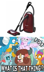 Size: 691x1113 | Tagged: safe, edit, edited screencap, imported from derpibooru, screencap, gallus, ocellus, sandbar, silverstream, smolder, yona, changedling, changeling, classical hippogriff, dragon, griffon, hippogriff, pony, yak, school raze, behaving like a cat, behaving like a dog, bow, claws, cloven hooves, cropped, dragoness, exclamation point, fear, female, hair bow, hand over mouth, headcanon, hoof over mouth, interrobang, male, meme, monkey swings, paws, question mark, reaction image, scared, shocked, student six, teenager, text, vacuum cleaner