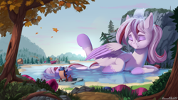 Size: 1920x1080 | Tagged: safe, artist:discordthege, imported from derpibooru, oc, oc only, oc:windbreaker, pegasus, pony, bathing, beach chair, chair, commission, crossover, deck chair, duo, eyes closed, female, forest, giant pony, giantess, grin, lake, macro, mare, newspaper, scenery, smiling, waterfall, wet mane