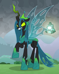 Size: 816x1020 | Tagged: safe, imported from derpibooru, screencap, queen chrysalis, changeling, changeling queen, the ending of the end, annoyed, armor, bewitching bell, cropped, fangs, female, former queen chrysalis, glare, grogar's bell, hoof shoes, insect wings, raised hoof, snarling, solo, ultimate chrysalis, wings