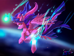 Size: 8000x6000 | Tagged: safe, artist:coldrivez, imported from derpibooru, twilight sparkle, alicorn, pony, absurd resolution, blurred background, blurry background, chest fluff, ear fluff, earth, falling, female, fluffy, leg fluff, mare, profile, solo, space, twilight sparkle (alicorn)