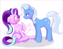 Size: 964x760 | Tagged: safe, artist:dstears, imported from derpibooru, starlight glimmer, trixie, pony, unicorn, blushing, eye contact, female, heart, lesbian, looking at each other, mare, shipping, simple background, startrix, white background