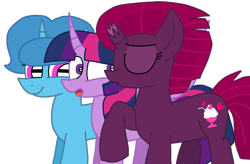 Size: 1650x1080 | Tagged: safe, artist:徐詩珮, imported from derpibooru, fizzlepop berrytwist, spring rain, tempest shadow, twilight sparkle, alicorn, pony, unicorn, bisexual, broken horn, female, horn, kissing, lesbian, mare, polyamory, shipping, simple background, springlight, springshadow, springshadowlight, tempestlight, transparent background, twilight sparkle (alicorn), twilight sparkle gets all the mares