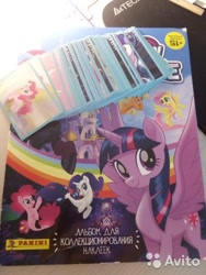 Size: 360x480 | Tagged: safe, imported from derpibooru, applejack, fluttershy, pinkie pie, rainbow dash, rarity, tempest shadow, twilight sparkle, alicorn, mouse, pony, sea pony, seapony (g4), unicorn, my little pony: the movie, avito, avito logo, book, canterlot castle, cyrillic, female, mane six, my little pony, my little pony logo, open mouth, panini, russian, seaponified, seapony pinkie pie, seapony rarity, smiling, species swap, sticker, sticker book, twilight sparkle (alicorn)