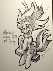 Size: 1516x2048 | Tagged: safe, artist:mychelle, imported from derpibooru, oc, oc only, pony, unicorn, female, inktober, inktober 2019, mare, monochrome, solo, swing, traditional art