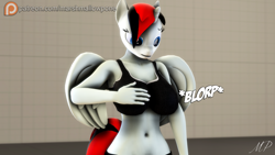 Size: 2560x1440 | Tagged: safe, artist:marshmallow-pone, imported from derpibooru, oc, oc:vani, alicorn, anthro, 3d, anthro oc, armpits, belly button, big breasts, breast expansion, breasts, clothes, growth, midriff, onomatopoeia, source filmmaker, sports bra