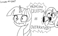 Size: 640x398 | Tagged: safe, artist:ewoudcponies, imported from derpibooru, trixie, twilight sparkle, alicorn, pony, unicorn, bait, black and white, female, grayscale, implied princess celestia, inconvenient trixie, inktober, inktober 2019, mare, megaphone, meme, monochrome, simple background, this will end in tears and/or a journey to the moon, traditional art, triggered, trollxie, twilight sparkle (alicorn), twilight sparkle is not amused, unamused, white background