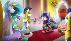 Size: 2550x1492 | Tagged: safe, artist:dawnfire, imported from derpibooru, princess celestia, oc, alicorn, pony, armor, digital art, dovahkiin, dragonborn, female, levitation, magic, mare, portal, royal guard, saddle bag, scroll, skyrim, sword, telekinesis, the elder scrolls, warcraft, weapon