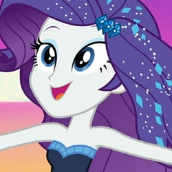 Size: 480x480 | Tagged: safe, imported from derpibooru, screencap, rarity, equestria girls, bare shoulders, cropped, female, open mouth, singing, sleeveless, solo, strapless