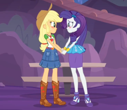 Size: 500x435 | Tagged: safe, imported from derpibooru, screencap, applejack, rarity, equestria girls, equestria girls series, rollercoaster of friendship, applejack's hat, belt, blushing, clothes, cowboy hat, cropped, denim skirt, female, geode of shielding, geode of super strength, hat, high heels, holding hands, magical geodes, pencil skirt, photo, rarity peplum dress, shipping fuel, shoes, skirt, stetson