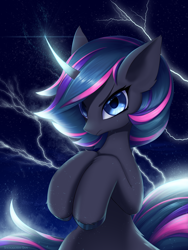 Size: 4500x6000 | Tagged: safe, artist:shoggoth-tan, imported from derpibooru, oc, oc only, pony, angry, blue eyes, female, horn, lightning, magic, night, solo