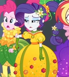 Size: 749x833 | Tagged: safe, imported from derpibooru, screencap, fluttershy, pinkie pie, rarity, sunset shimmer, equestria girls, equestria girls series, holidays unwrapped, spoiler:eqg series (season 2), clothes, cornucopia costumes, costume, cropped, dress, female, inflatable dress, o come all ye squashful