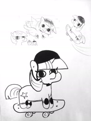 Size: 1440x1920 | Tagged: safe, artist:tjpones, imported from derpibooru, twilight sparkle, pony, unicorn, cool, female, helmet, knee pads, mare, monochrome, rad, skateboard, sketch, solo, traditional art, twiggie, unicorn twilight