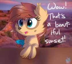 Size: 1573x1400 | Tagged: safe, artist:rainbow eevee, imported from derpibooru, fluttershy, orthros, oc, oc:orthroshy, dog, hybrid, adorkable, bow, crack ship offspring, crying, cute, desert, dork, eyebrows, eyebrows visible through hair, interspecies offspring, magical lesbian spawn, multiple heads, offspring, parent:fluttershy, parent:orthros, scenery, solo, sunset, tears of joy, teary eyes, two heads, wat