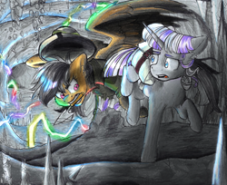 Size: 1913x1558 | Tagged: safe, artist:tillie-tmb, imported from derpibooru, daring do, twilight velvet, pegasus, pony, unicorn, fanfic:spectrum of lightning, series:daring did tales of an adventurer's companion, cave, duo, duo female, fanfic art, female, lightning, mare, mouth hold, petrification, saddle bag, trowel