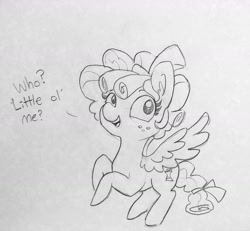 Size: 1560x1440 | Tagged: safe, artist:tjpones, imported from derpibooru, cozy glow, pegasus, pony, cozybetes, cute, dialogue, ear fluff, female, filly, flying, monochrome, pure concentrated unfiltered evil of the utmost potency, pure unfiltered evil, solo, traditional art