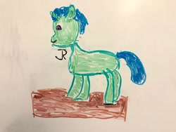 Size: 2048x1536 | Tagged: safe, artist:joeydr, imported from derpibooru, oc, oc only, oc:green byte, pony, unicorn, dry erase board, male, signature, simple background, solo, stallion, traditional art, white background