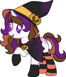 Size: 1350x1580 | Tagged: safe, artist:elizadoesadopts, imported from derpibooru, oc, oc only, oc:mystic brew, pony, unicorn, blank flank, cloak, clothes, female, freckles, gloves, hat, mare, multicolored hair, open mouth, pumpkin, raised hoof, robe, simple background, socks, solo, striped socks, transparent background, witch, witch costume, witch hat