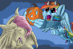 Size: 2100x1400 | Tagged: safe, artist:firefanatic, imported from derpibooru, fluttershy, rainbow dash, bat pony, pony, bat ponified, crying, cute, distressed, excited, fire, flutterbat, halloween, happy, holding, holiday, jack-o-lantern, pumpkin, race swap