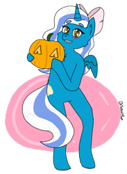 Size: 852x1161 | Tagged: safe, artist:sourpup, imported from derpibooru, oc, oc:fleurbelle, alicorn, anthro, semi-anthro, alicorn oc, bow, female, hair bow, halloween, holding, holiday, mare, pumpkin, solo, wingding eyes, yellow eyes