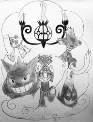 Size: 3024x3936 | Tagged: safe, artist:starkcontrast, imported from derpibooru, oc, oc:alpine dawn, chandelure, froslass, gengar, ghost, gourgeist, mismagius, sableye, unicorn, clothes, costume, crossover, drawing, halloween, halloween costume, hex maniac, holiday, poké ball, pokéball, pokémon, traditional art