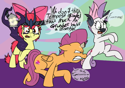 Size: 1424x1000 | Tagged: safe, artist:bennimarru, imported from derpibooru, apple bloom, scootaloo, sweetie belle, pony, bipedal, clothes, colored, costume, cutie mark crusaders, flat colors, halloween, halloween costume, holiday, implied grubber, implied storm king, implied tempest shadow, nightmare night, open mouth, simple background, speech bubble