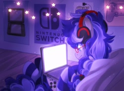 Size: 2048x1518 | Tagged: safe, artist:whiteliar, imported from derpibooru, oc, oc only, oc:cinnabyte, earth pony, pony, bed, clothes, computer, headphones, laptop computer, socks, solo