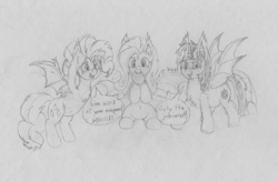 Size: 4848x3176 | Tagged: safe, artist:wapamario63, imported from derpibooru, fluttershy, pinkie pie, twilight sparkle, alicorn, bat pony, bat pony alicorn, bat ponified, cute, dialogue, flutterbat, food, mango, monochrome, pinkiebat, race swap, speech bubble, traditional art, trio, twibat, twilight sparkle (alicorn)