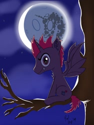 Size: 1536x2048 | Tagged: safe, artist:pixelgrip94, imported from derpibooru, oc, oc only, oc:pixel grip, alicorn, bat pony, bat pony alicorn, pony, alicorn oc, bat ponified, bat wings, fangs, mare in the moon, moon, night, nightmare night, race swap, solo, tree, tree branch, wings