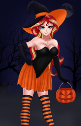 Size: 1417x2202 | Tagged: safe, artist:anonix123, imported from derpibooru, sunset shimmer, human, armpits, bare shoulders, breasts, busty sunset shimmer, cleavage, clothes, costume, dead tree, dress, eyeshadow, female, halloween, halloween costume, hat, holiday, humanized, leotard, makeup, miniskirt, pleated skirt, pumpkin bucket, skirt, smiling, socks, solo, strapless, striped socks, thigh highs, tree, witch costume, witch hat