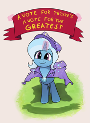 Size: 1433x1949 | Tagged: safe, artist:whiskeypanda, imported from derpibooru, trixie, pony, unicorn, /mlp/, banner, cape, clothes, cute, diatrixes, female, hat, levitation, looking up, magic, magic aura, mare, smiling, solo, telekinesis, trixie's cape, trixie's hat