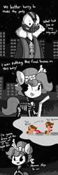 Size: 1080x3240 | Tagged: safe, artist:tjpones, imported from derpibooru, oc, oc only, oc:brownie bun, oc:richard, horse wife, apple, apple bobbing, bane, bendy straw, clothes, comic, costume, cute, drinking straw, food, halloween, halloween costume, holiday, monochrome, neo noir, ocbetes, partial color, skeleton costume, thought bubble