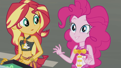 Size: 1920x1080 | Tagged: safe, imported from derpibooru, screencap, pinkie pie, sunset shimmer, equestria girls, equestria girls series, x marks the spot, belly button, bikini, bracelet, clothes, cute, diapinkes, duo, duo female, female, geode of empathy, geode of sugar bombs, jewelry, magical geodes, midriff, sarong, shimmerbetes, sleeveless, smiling, swimsuit