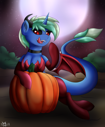 Size: 2000x2400 | Tagged: safe, artist:novaspark, imported from derpibooru, oc, oc only, oc:nova spark, monster pony, original species, succubus, tatzlpony, black sclera, choker, clothes, costume, fangs, floating wings, halloween, holiday, looking at you, monster mare, moon, pumpkin, red eyes, socks, solo, wings