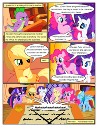 Size: 612x792 | Tagged: safe, artist:newbiespud, edit, edited screencap, imported from derpibooru, screencap, applejack, fluttershy, pinkie pie, rainbow dash, rarity, spike, twilight sparkle, dragon, earth pony, pegasus, pony, unicorn, comic:friendship is dragons, book, bookshelf, comic, dialogue, eyes closed, female, freckles, golden oaks library, hat, male, mane seven, mane six, mare, quill, raised hoof, screencap comic, smiling, unicorn twilight