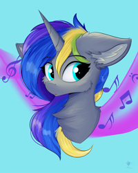 Size: 960x1200 | Tagged: safe, artist:lunar froxy, imported from derpibooru, oc, oc only, pony, unicorn, abstract background, bust, cheek fluff, chest fluff, ear fluff, female, fluffy, music notes, solo