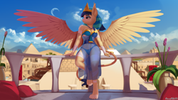 Size: 5760x3240 | Tagged: safe, alternate version, artist:discordthege, imported from derpibooru, oc, oc only, oc:shesta, anthro, digitigrade anthro, sphinx, ankh, anthro oc, beautiful, beautisexy, bra, breasts, cleavage, clothes, egypt, egyptian, eyeshadow, female, flower, jewelry, makeup, moon, necklace, nemes headdress, panties, pyramid, see-through, sexy, signature, sky, solo, sphinx oc, traditional outfit, underwear